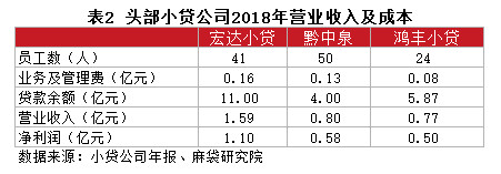 头部小贷公司2018年营业收入及成本